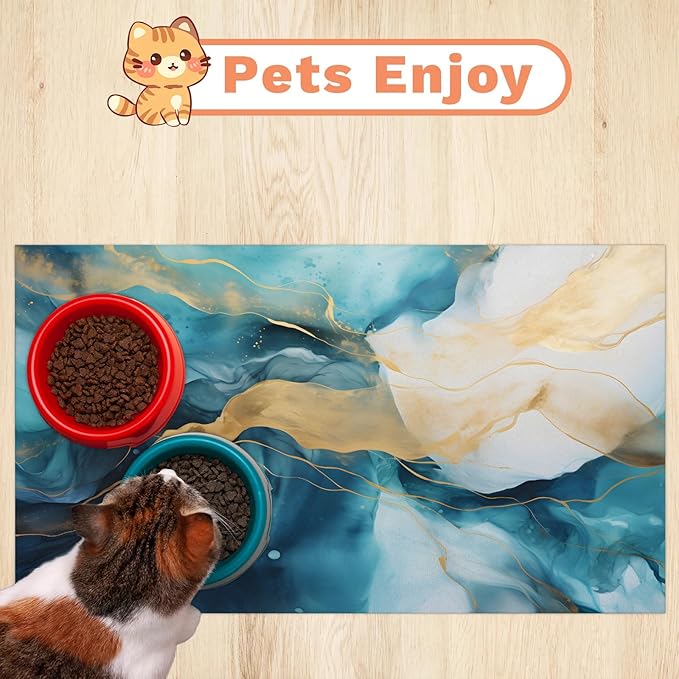 Marble Dog Food Mat for Floors Absorbent, Quick Dry Water Dispenser Mat for Food, Water, Pet Supplies 17" x 30", Blue Gold Stripes