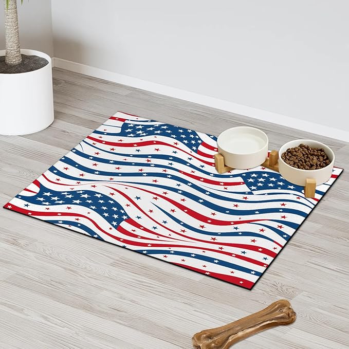 4th of July Dog Food Mat for Floors Absorbent Dog Bowl Mat for Food and Water Dispenser Quick Dry Cat Food Placemat Pet Supplies 17" x 30", American Stars