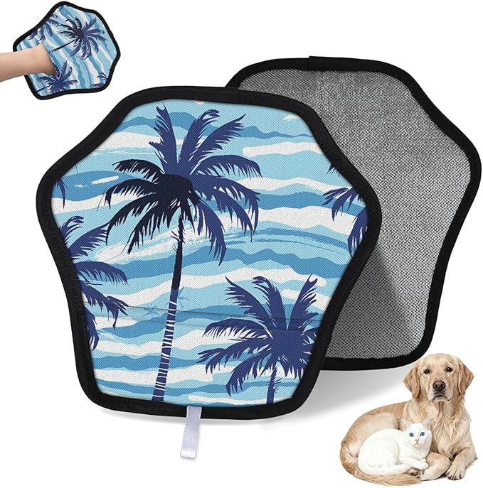 Coconut Trees Themed Electrostatic Pet Hair Removal Glove for Cats & Dogs - Reusable Grooming Mitt for Couch, Carpet, Car Seat & Laundry - Large 9x9 Inch