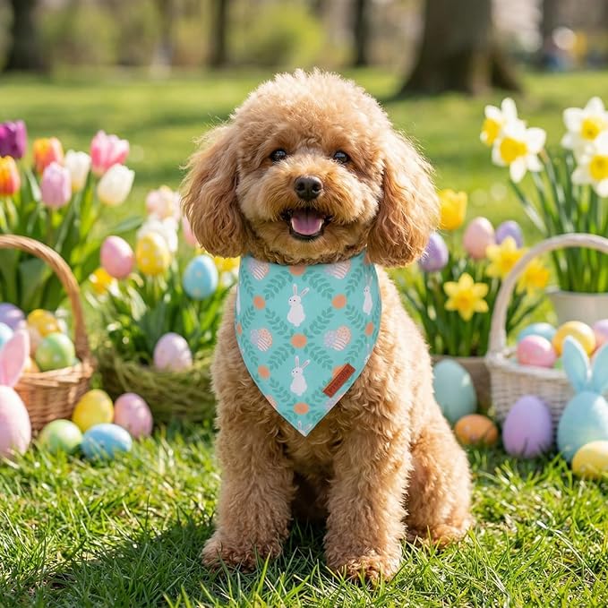 PTDECOR Easter Dog Bandana, Rabbit Egg Dog Scarf, Premium Durable Fabric, Blue Easter Bandanas for Small Dogs Pets (Small)