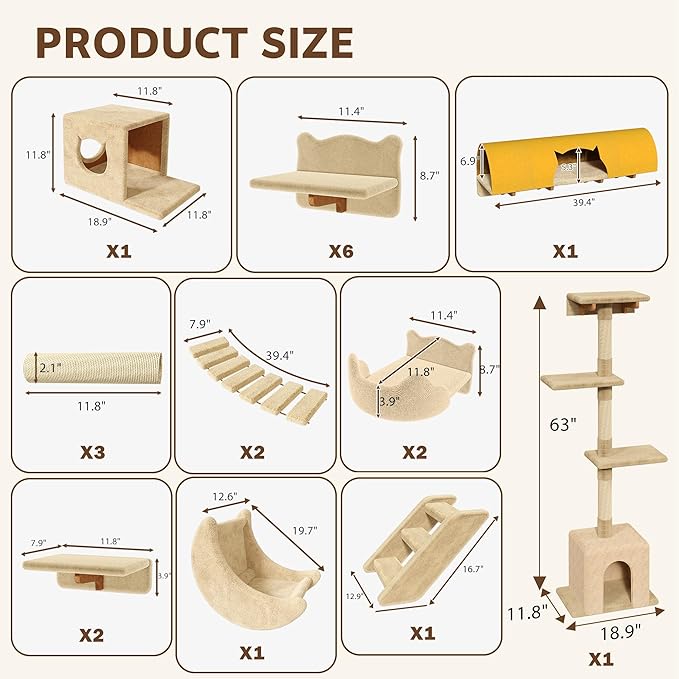 26-in-1 Cat Wall Shelves, Wall Mounted Pet Furniture w/Plush Fabric, Cat Climbing Wall System, 63'' Cats Tower w/Scratching Posts, Cats Shelf with 40''L Tunnel, Condos, House, Step and Ladder