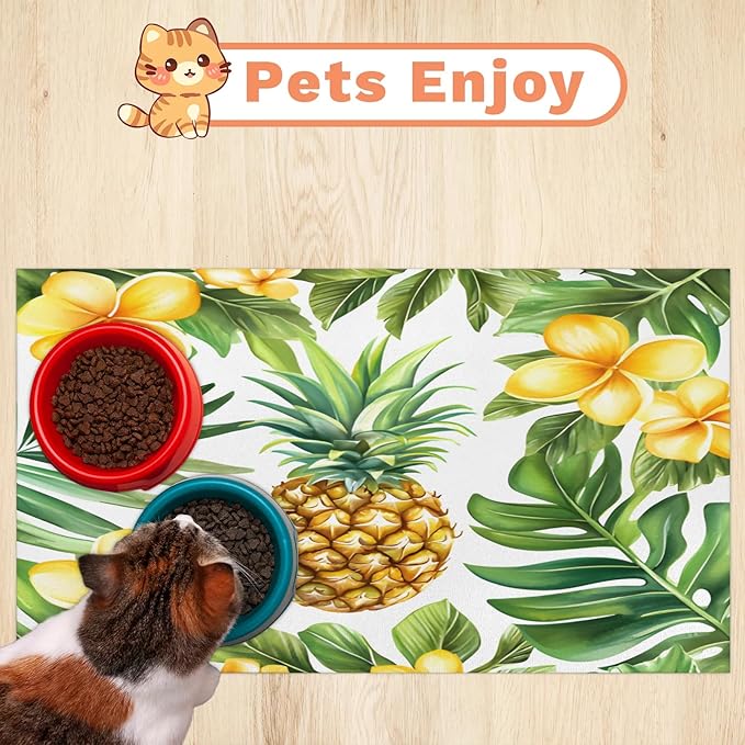 Pineapple Dog Food Mat for Floors Absorbent Dog Bowl Mat for Food and Water Dispenser Quick Dry Cat Food Placemat Pet Supplies 17" x 30", Tropical Flowers