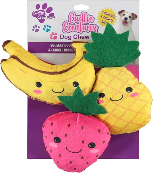 Cudlie 3 Pack Plush Dog Chew Toys – Soft Squeaky Puppy Toys for Small Dogs– 4" Durable, Cute & Safe Pet Toy Gift Set (Food, Fruit, Farm, Zoo & Safari Animal Themes)
