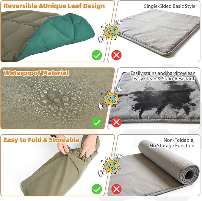 Outdoor Dog Travel Bed, Waterproof Reversible Leaf Mat for Small Medium Dogs Cats Camping, Road Trip, Portable Durable Pet Bed with Carry Bag, Washable Foldable Puppy Mat Indoor, 26x43in