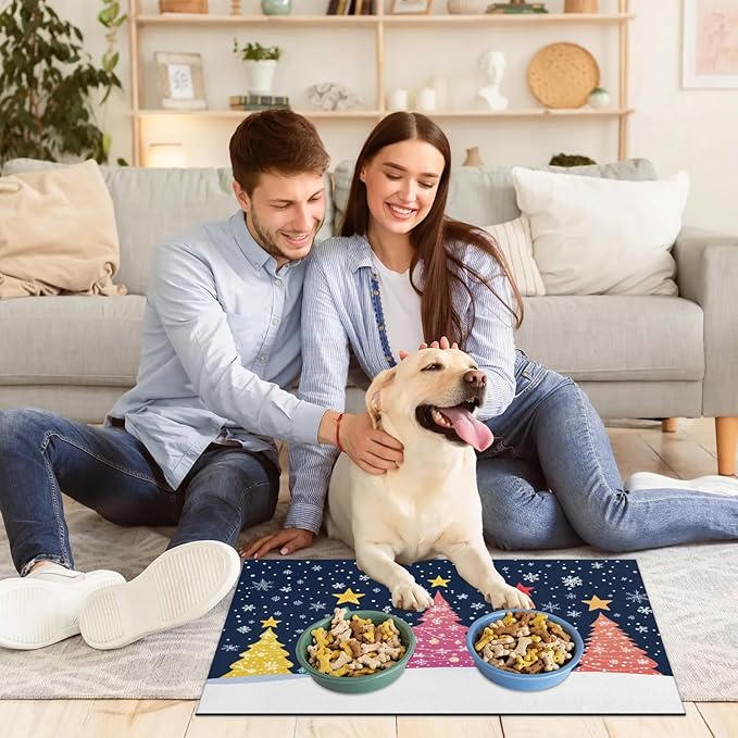 Christmas Trees Dog Food Mat for Floors Absorbent, Quick Dry Water Dispenser Mat for Food, Water, Pet Supplies 24" x 32", Xmas Snowflake