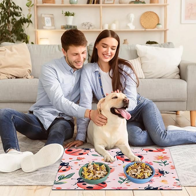 Red Ladybirds Dog Food Mat for Floors Absorbent, Quick Dry Water Dispenser Mat for Food, Water, Pet Supplies 24" x 32", Wildflowers