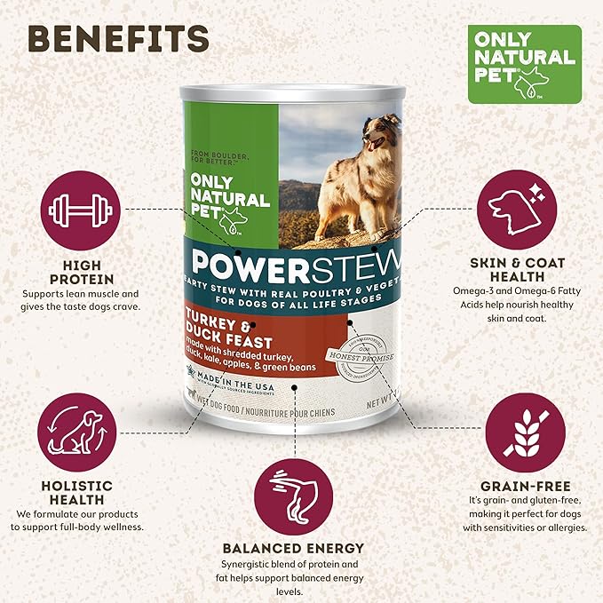 Only Natural Pet PowerStew Turkey & Duck Feast Wet Dog Food – Legume and Grain-Free with Savory Broth & Vegetables, Balanced for All Breeds and Ages, 12.5 oz Cans, Pack of 6 (T)