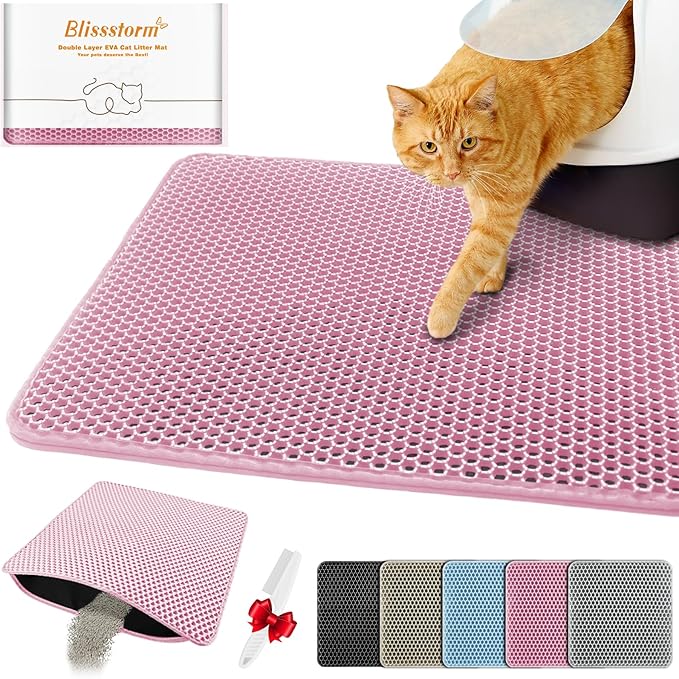 Waterproof Cat Litter Mat, Double Layer EVA, Odor-Free Large Grid, Urine Proof, Easy Cleanup 24 x 35, Pink