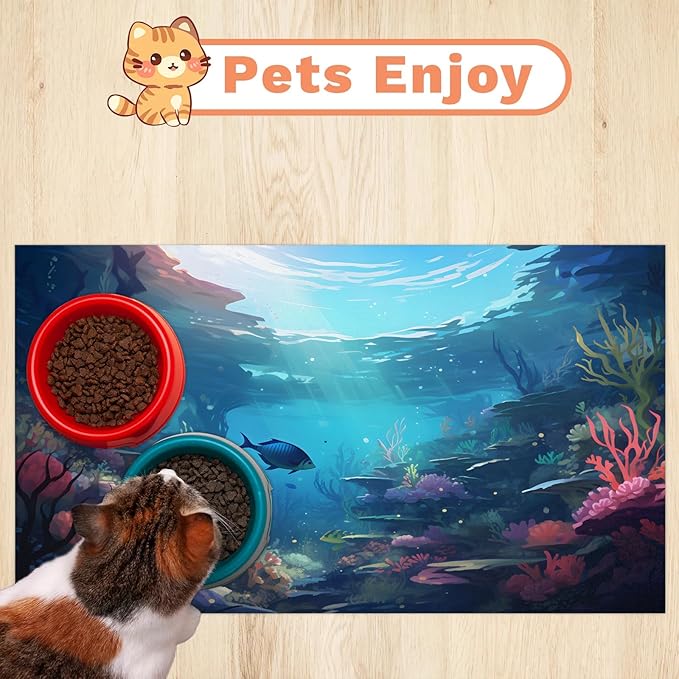 Ocean Sea Dog Food Mat for Floors Absorbent, Quick Dry Water Dispenser Mat for Food, Water, Pet Supplies 16" x 24", Underwater