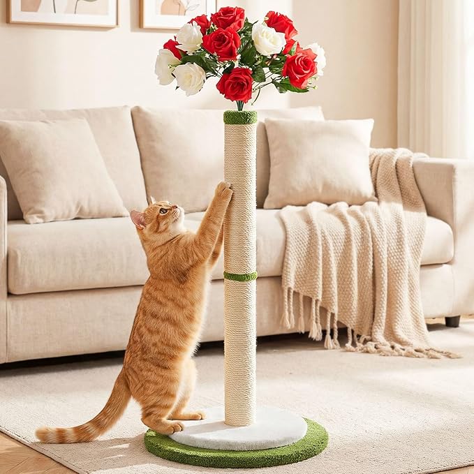 CWV 45" Tall Cat Scratching Post, Cute Rose Flower Cat Scratcher for Indoor Adult Cats & Kittens, Cat Tree Tower with Sturdy Base, Sisal Rope, Interactive Toys & Cat Gifts, Rascadores para Gatos