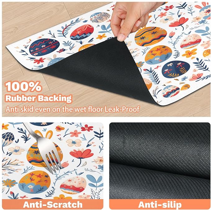 Easter Egg Dog Food Mat for Floors Absorbent Dog Bowl Mat for Food and Water Dispenser Quick Dry Cat Food Placemat Pet Supplies 24" x 32", Spring Flower Leaf