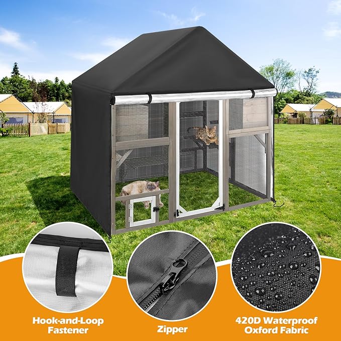 Catio Cover,72" L x 48" W x 72" H Cover for Catio Outdoor Cat Enclosure Waterproof, 420D Cat Cage Covers for PetsCosset Catios, Outdoor Cats Enclosure Covers(Black)(Catios Not Included)