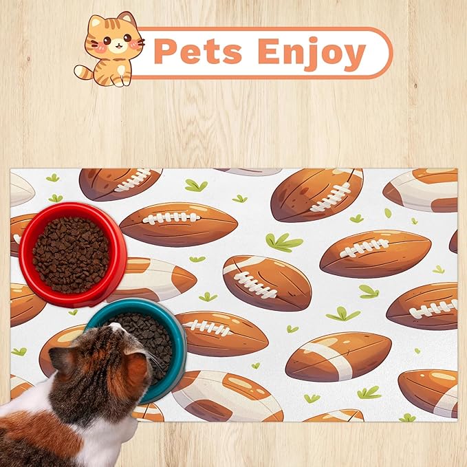 Football Rugby Dog Food Mat for Floors Absorbent, Quick Dry Water Dispenser Mat for Food, Water, Pet Supplies 12" x 20", Green Grass