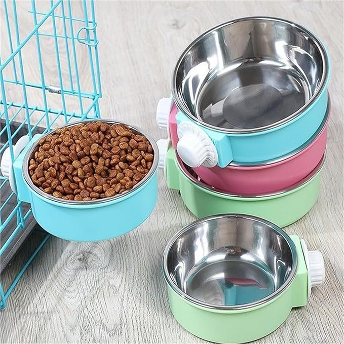 Pet Hanging Stainless Steel Dog Bowl Cat Bowl Food Bowl Anti-Tip Cage Mounted Water Bowl Fence Pet Supplies(Green,Large)