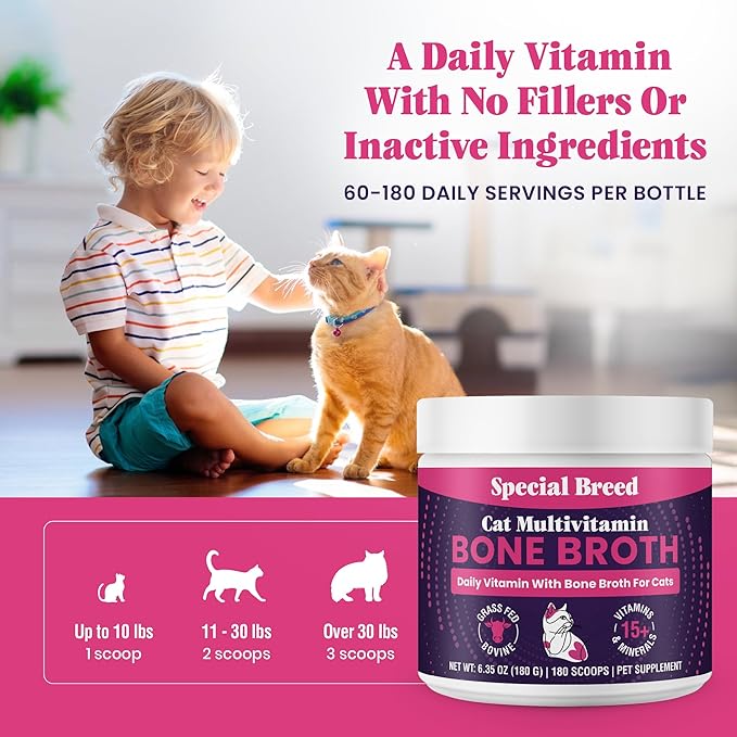 Cat Multivitamin with Grass-Fed Beef Bone Broth – Daily Supplement for Immune, Joint, Skin, Coat & Gut Health – Omega 3s, Lysine, Beta Glucan, Vitamins A-E, C, D – 180 Grams (Pack of 2) – No Fillers