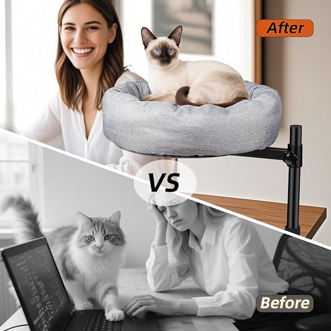 Desk nest cat Bed，cat Bed for Desk Attachment with Soft and Thick Cushions ，Rotation & Adjustable Height -Cats Up to 45 lbs (Grey) ，Cat Bed Desk attachmen for Home Office