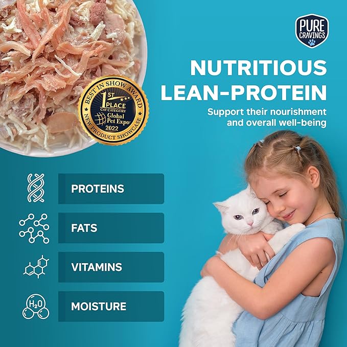 Pure Cravings Chicken Recipe in Broth, Shredded Wet Cat Food, Grain-Free Protein, Non-GMO, 12 Pack