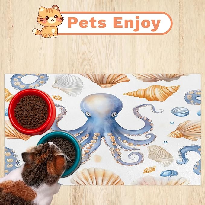 Nautical Octopus Dog Food Mat for Floors Absorbent Dog Bowl Mat for Food and Water Dispenser Quick Dry Cat Food Placemat Pet Supplies 12" x 20", Seashell Beach Ocean