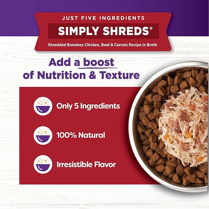 Wellness Bowl Boosters Simply Shreds Wet Dog Food Topper for Small, Medium, & Large Breeds, Grain Free, Natural, Chicken Variety Pack, 2.8 Ounce Pouch (Pack of 12)