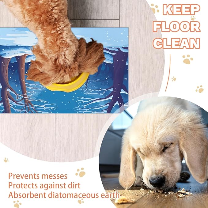 Winter Forest Dog Food Mat for Floors Absorbent, Quick Dry Water Dispenser Mat for Food, Water, Pet Supplies 12" x 20", White Snowy
