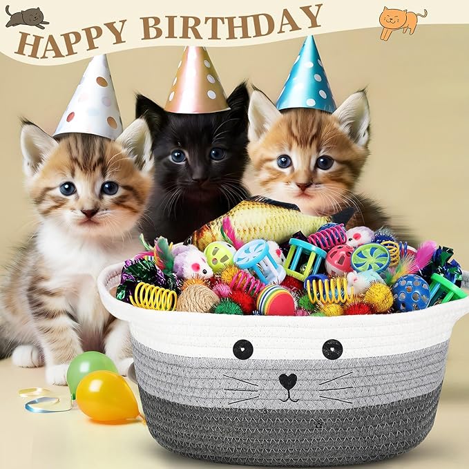 Zopeal 58 Pcs Easter Cat Storage Basket Gift Toys Set, Colorful Flashing Balls Pet Bell Crinkle Balls Spring Toys Attract Cat to Swat, Hunt, Interactive for Pet(Multicolor,12 Inch)