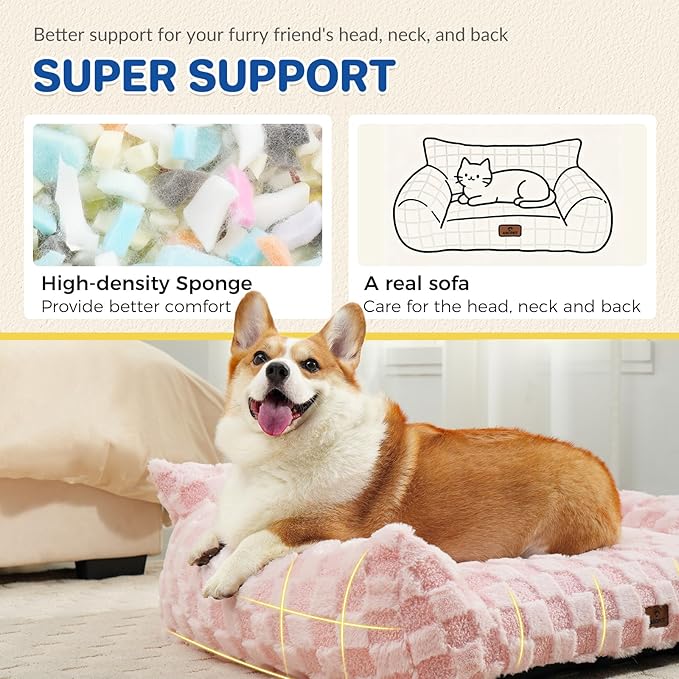 Large Dog Bed Sofa, Fluffy Pet Bed for Medium and Large Dogs, Supportive Dog Couch Sofa for Dogs, Pet Sofas with Washable Cover & Non-Slip, 38 inch, Pink