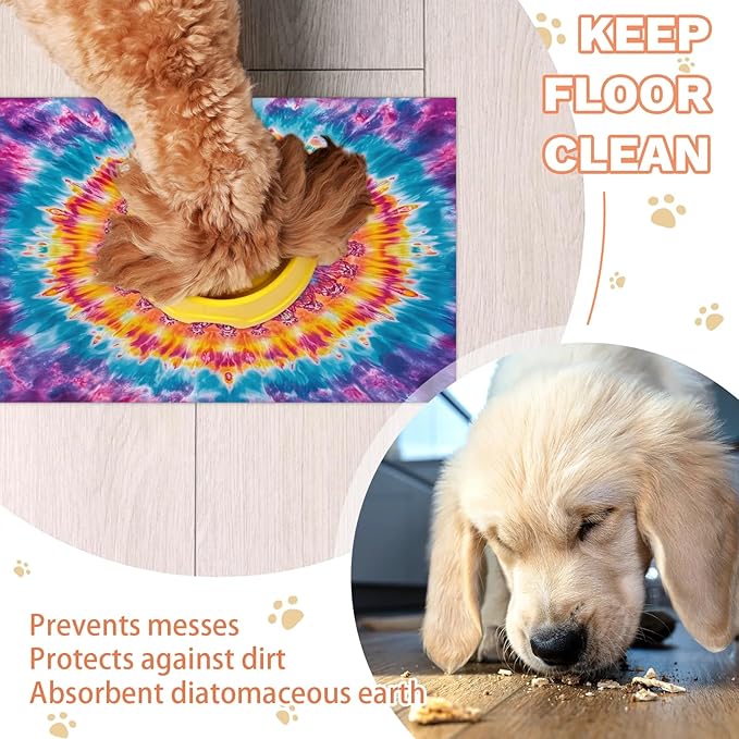 Tie Dye Dog Food Mat for Floors Absorbent, Quick Dry Water Dispenser Mat for Food, Water, Pet Supplies 16" x 24", Boho Mandala Rainbow