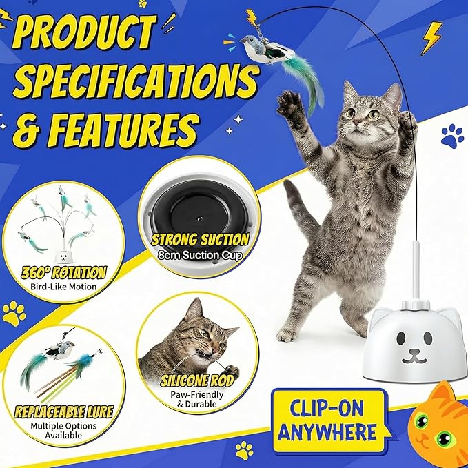Interactive Cat Toys for Indoor Cats - Automatic Flying Bird Feather Toy, USB Rechargeable Electric Cat Teaser with Strong Sticky Base, Smart Motion Self-Play Toy for Bored Cats(Brown)