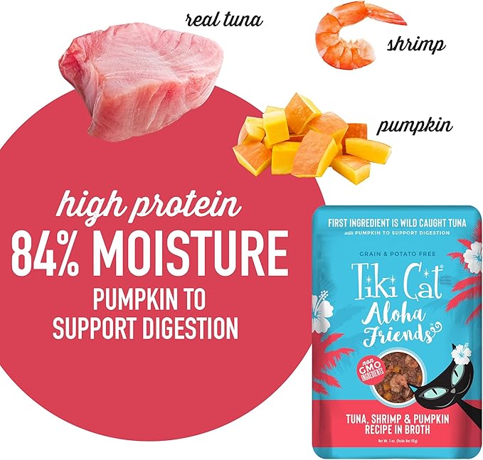 Tiki Cat Aloha Friends Grain-Free, Low-Carbohydrate Wet Food with Flaked Tuna for Adult Cats & Kittens, 3oz pouch, 12pk, Tuna, Shrimp & Pumpkin