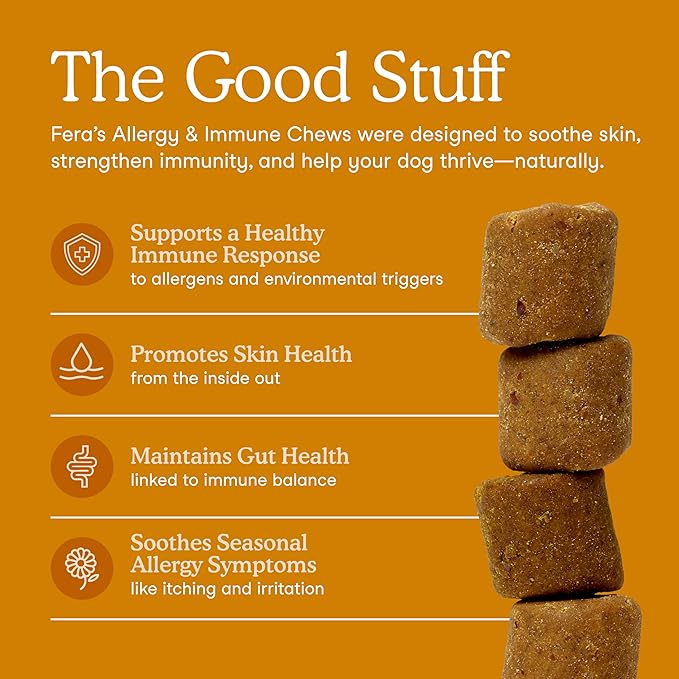 Fera Pets Dog Allergy Chews – Allergy Relief & Itching Skin Relief – Immune & Gut Support with Organic Mushrooms, Postbiotics & Colostrum – Promotes Skin Health – 90 Soft Chews