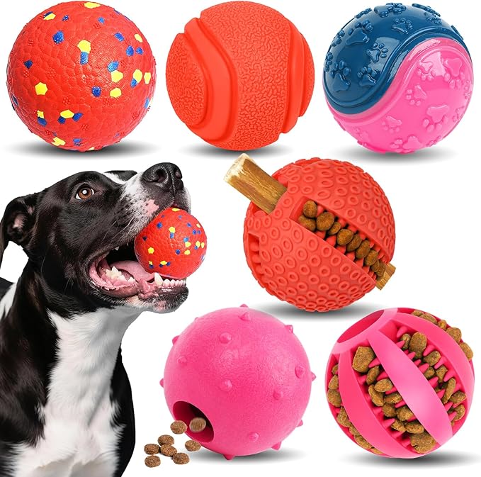 Dog Balls 6 Pack, Puppy Toys for Small & Medium Dogs, Interactive Dog Fetch Ball, Squeaky Chew Toys for Teeth/Slow Feeder/IQ Training/Playing, Dog Toys to Keep Them Busy (Pink)