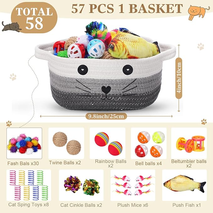 Zopeal 58 Pcs Easter Cat Storage Basket Gift Toys Set, Colorful Flashing Balls Pet Bell Crinkle Balls Spring Toys Attract Cat to Swat, Hunt, Interactive for Pet(Multicolor,9.8 Inch)