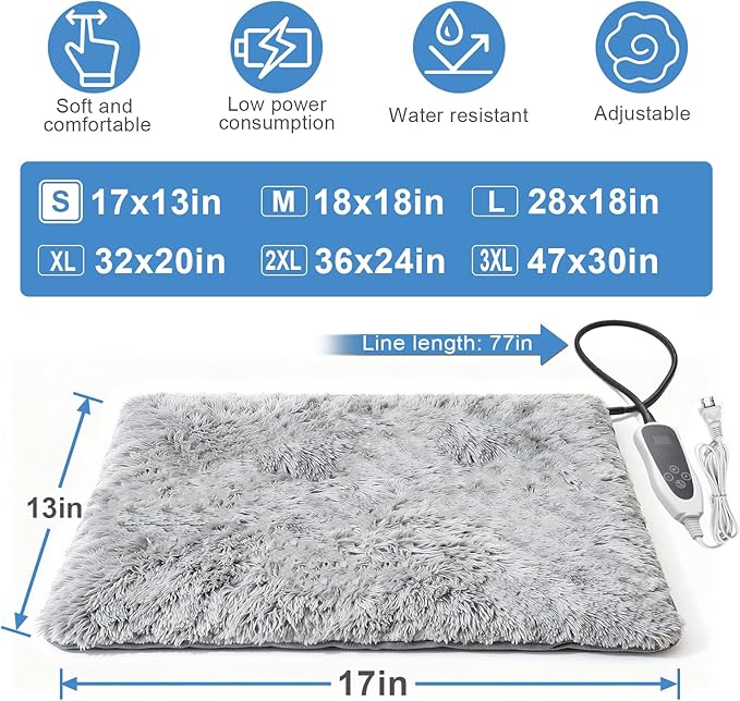Cat Heating Pad 17 x 13 in with Smart Thermostat Switch and Power Line Protection Tube,Obtained MET and UL Dual Certification,Waterproof Pet Heating Pad for Cats, with Long Velvet Cloth Cover