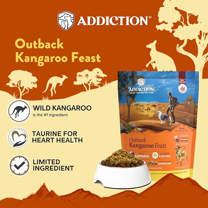 Addiction Outback Kangaroo Feast Air-Dried Grain-Free Dog Food – Complete Meal or Topper with Natural Ingredients for Digestive and Skin & Coat Health, 2lb - 2 Packs