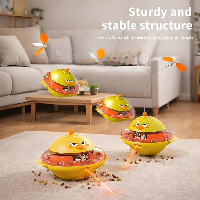 hooroor 4-in-1 Interactive Cat Toy for Indoor Cats: Automatic Laser Pointer, Feather Teaser, Treat Dispenser & Bird Chirp - USB-C Rechargeable Self-Balancing Toy to Relief Boredom & Anxiety