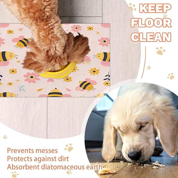 Boho Bee Dog Food Mat for Floors Absorbent, Quick Dry Water Dispenser Mat for Food, Water, Pet Supplies 17" x 30", Spring Flower