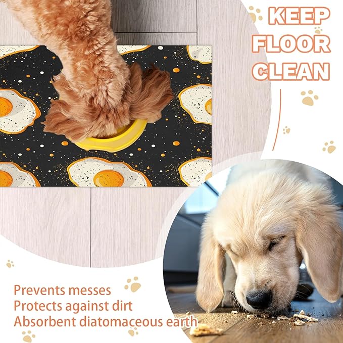 Cute Egg Dog Food Mat for Floors Absorbent Dog Bowl Mat for Food and Water Dispenser Quick Dry Cat Food Placemat Pet Supplies 12" x 20", Egg Print