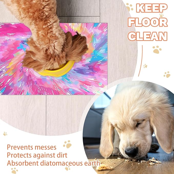 Cute Tie Dye Dog Food Mat for Floors Absorbent, Quick Dry Water Dispenser Mat for Food, Water, Pet Supplies 17" x 30", Rainbow
