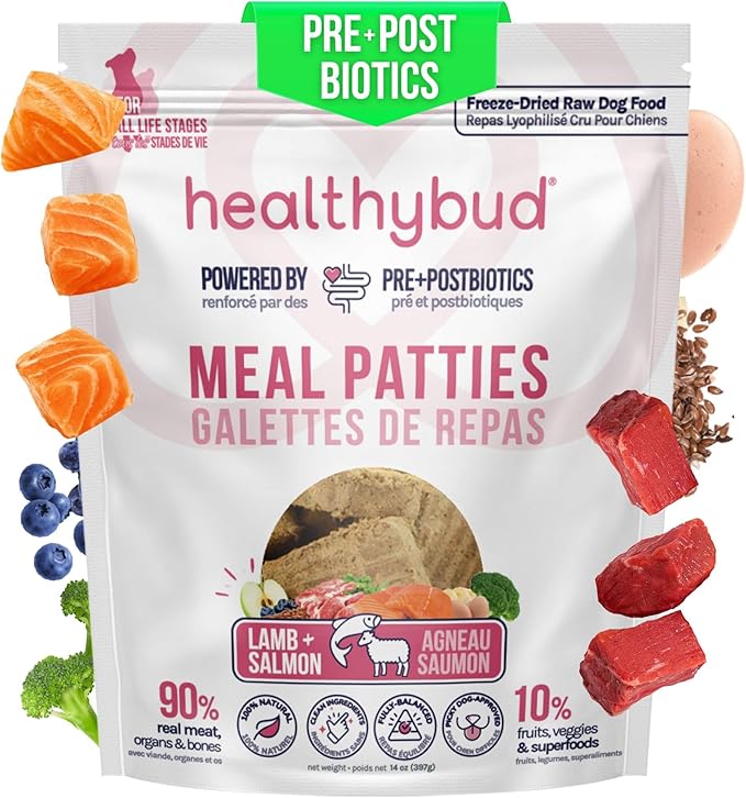 healthybud Raw Dog Food, Freeze Dried Dog Patties, Grain Free Dehydrated Real Meat, Dry Dog Treats & Toppers, Human Grade High Protein Puppy Food for All Breeds and Sizes, 14.1 oz (Salmon)
