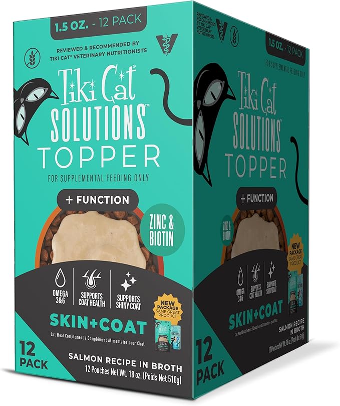 Tiki Cat Solutions Topper Multipack, Skin Coat, Salmon Recipe in Broth, 1.5 oz. Pouch (12 Pack)