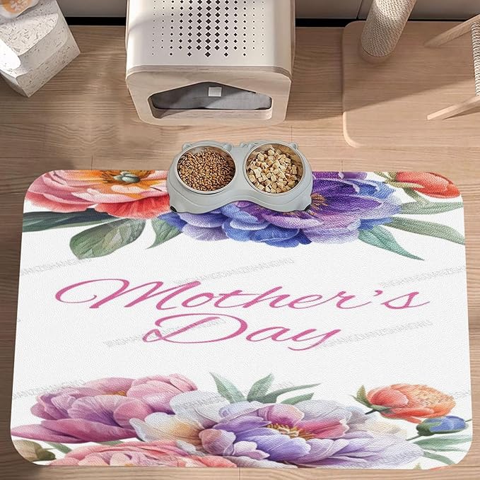 Dog Food Mats for Floors Happy Mother's Day Floral Gift Mom Lc Absorbent Pet Cat Food Mat Quick Dry Dog Bowl Mats for Water Pet Supplies 18X12In