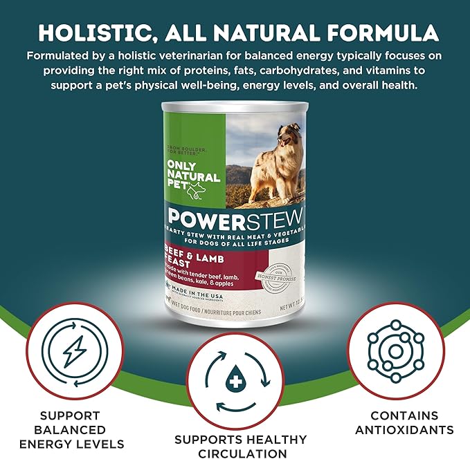 Only Natural Pet PowerStew Beef & Lamb Feast Wet Dog Food - Legume and Grain-Free, Savory Hydrating Broth w/Real Meat & Vegetables - Complete Vital Health for All Breeds - 12.5 oz Cans, Pack of 6 (B)