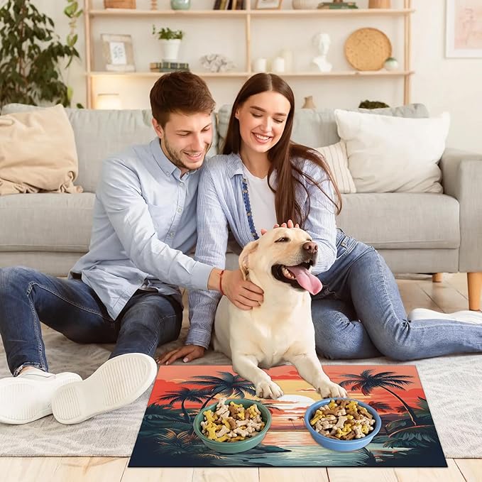 Beach Palm Tree Dog Food Mat for Floors Absorbent, Quick Dry Water Dispenser Mat for Food, Water, Pet Supplies 17" x 30", Sunrise Sunset