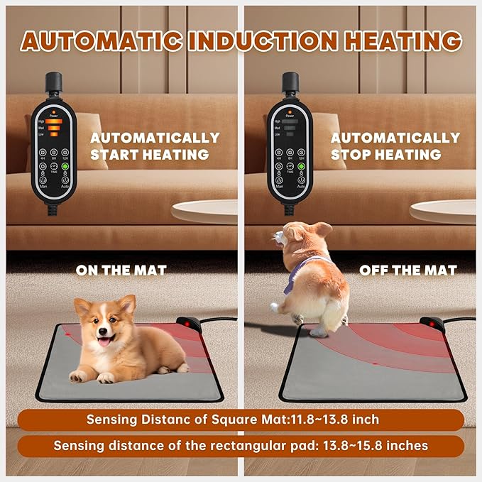 Pet Heating Pad for Cats & Dogs,Safe Electric Cat Warming Pad with Chew Resistant Cord,Automatic Induction Heated Cat Bed,Adjustable Temperature & Time (Camel, 17.7" x 17.7")