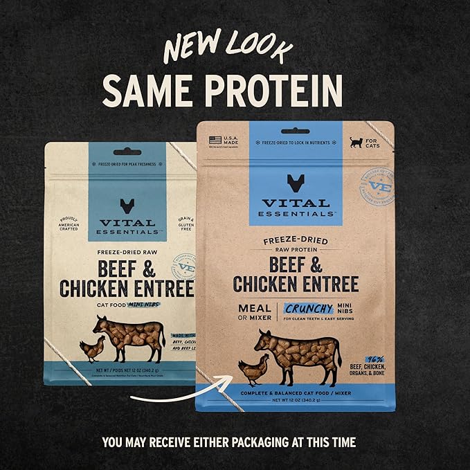 Vital Essentials Freeze Dried Cat Food, Raw Beef & Chicken Crunchy Mini Nibs | Complete Meal or Topper | 96% Beef, Chicken, Organs & Bone | High Protein, Grain Free Dry Cat Food | 12 oz Bag