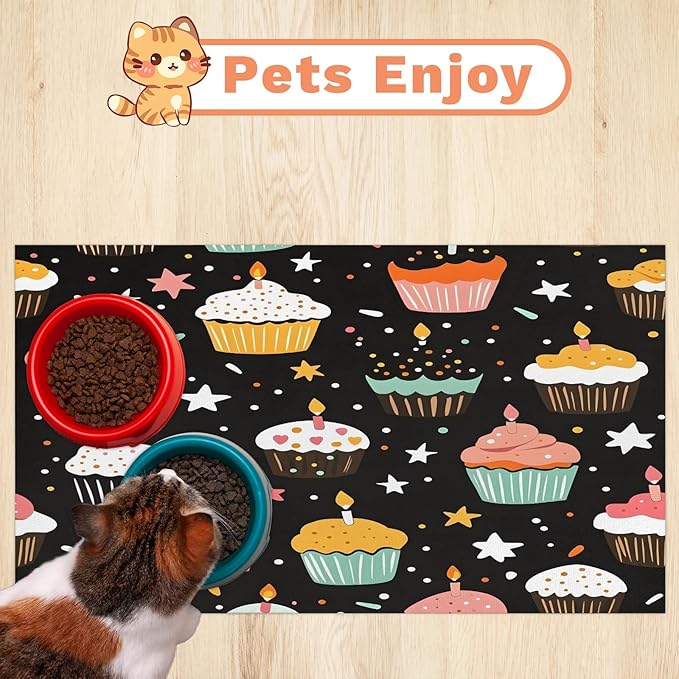Birthday Cake Dog Food Mat for Floors Absorbent Dog Bowl Mat for Food and Water Dispenser Quick Dry Cat Food Placemat Pet Supplies 24" x 32", Starry Star