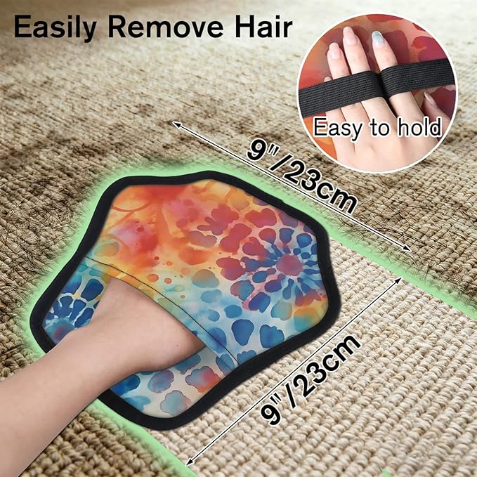 Colorful Tie Dye Pattern Electrostatic Pet Hair Removal Glove for Cats & Dogs - Reusable Grooming Mitt for Couch, Carpet, Car Seat & Laundry - Large 9x9 Inch
