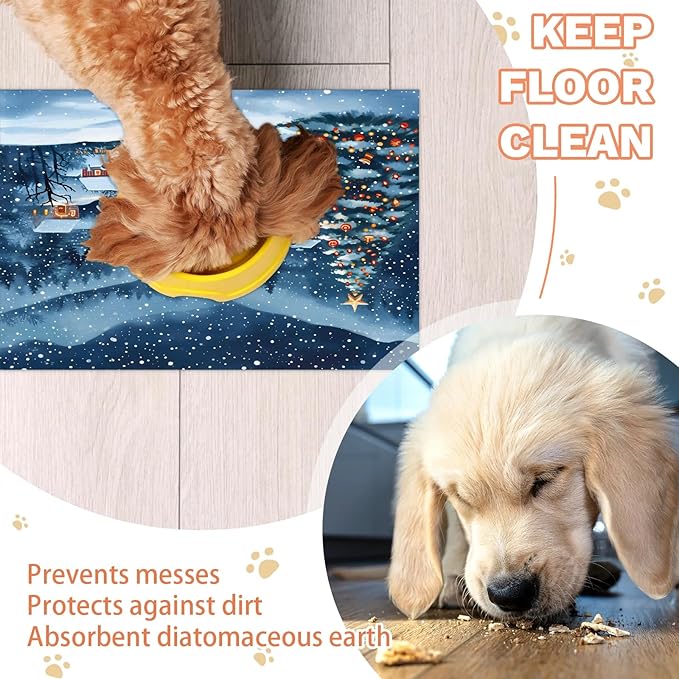 Snowy Countryside Dog Food Mat for Floors Absorbent, Quick Dry Water Dispenser Mat for Food, Water, Pet Supplies 12" x 20", Merry Christmas