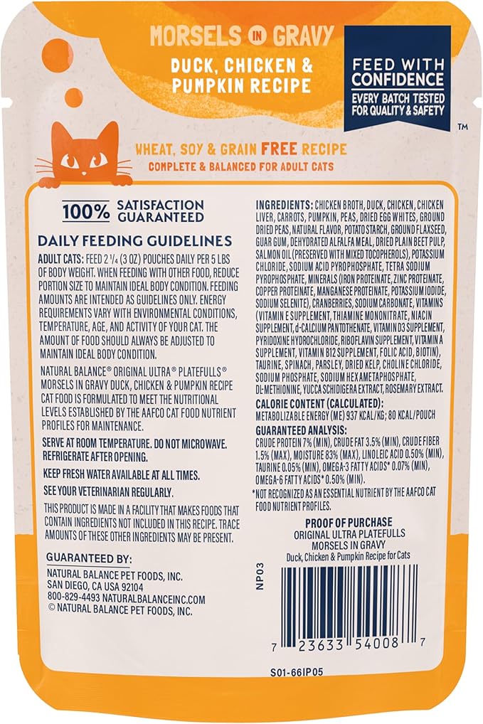 Natural Balance Original Ultra Platefulls Indoor Adult Grain Free Wet Cat Food, Duck, Chicken & Pumpkin Recipe, 3 Ounce Pouch (Pack of 24)