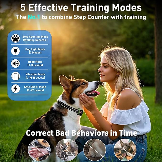 Dog Training Collar with Remote - Upgraded 5 Modes with Step Counting & Light Dog Shock Collar 3300FT IP67 Waterproof Rechargeable E-Collar for Large Medium Small Dogs (Green)